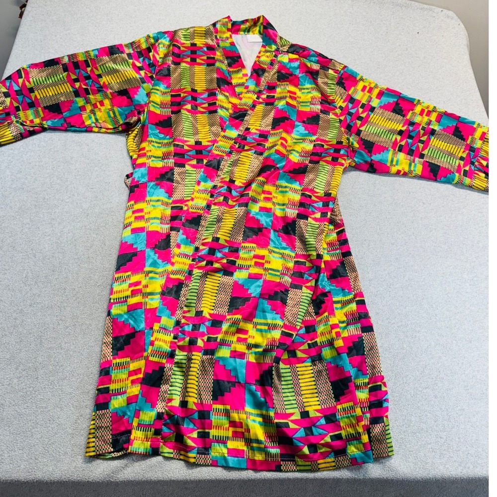 Nkechi Kimono Robe Womens OS Multicolor Kente Geometric Print‎ Satin Loungewear